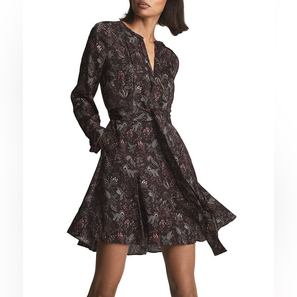 Black floral Reiss mini dress with belt. Size 0